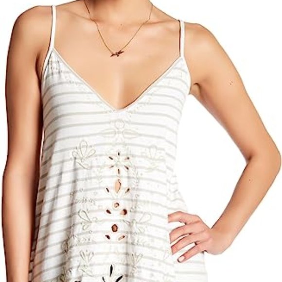 Free People Women's Seafaring Striped Embroidered Tan and Cream Top sz M NWT - Picture 1 of 17